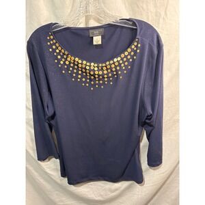 Lark Lane Navy Blue Sequin Glitter Scoop Neck 3/4 Sleeve Blouse Large